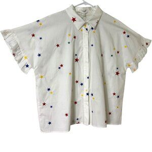 Anniewear White Ruffle Sleeve Button-Up Shirt Colorful Embroidered Stars Size XL